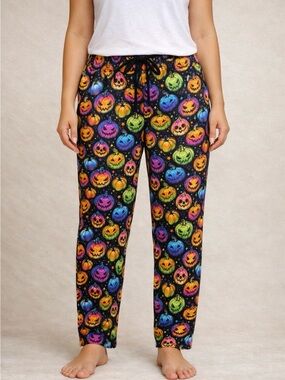 Bums and Roses Halloween Pumpkin Print Pajama Pants- Black Multicolor